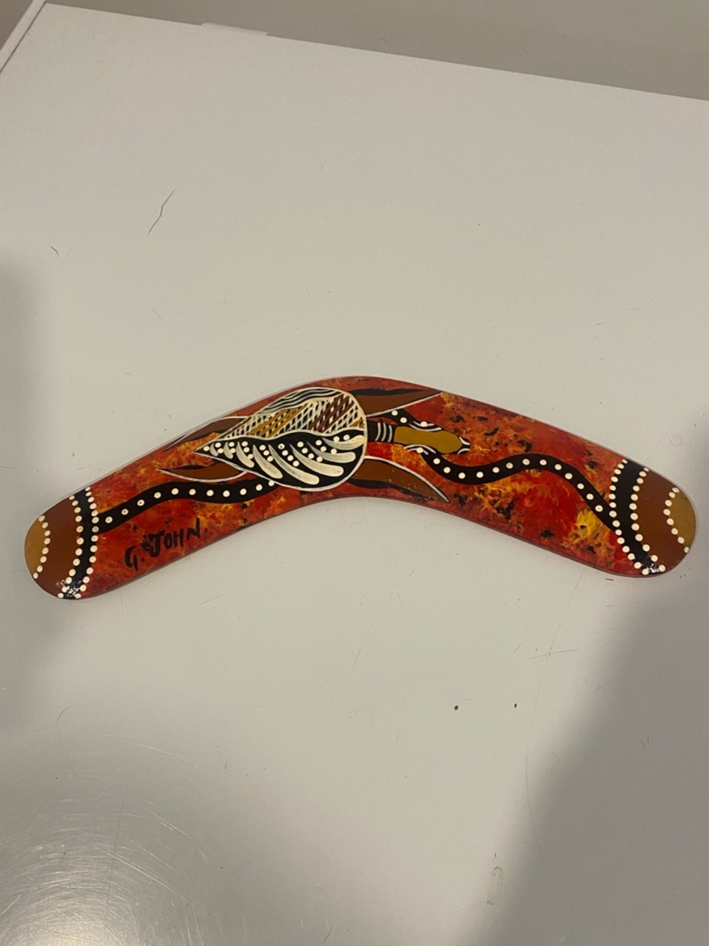 Signed Australian Handmade Wooden Boomerang Waterhole Dreaming Dot Art 10”